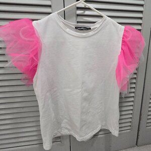 Size Small - White T-shirt with Pink Tulle Sleeves